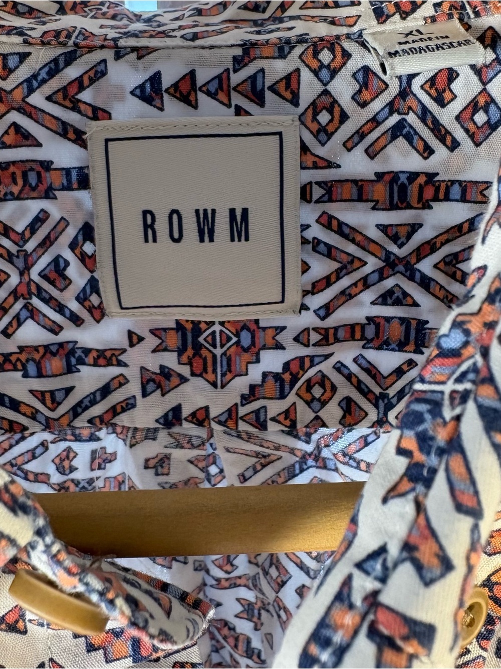 ROWM Men’s Casual Button-Down Shirt in White with Navy & Orange Pattern
